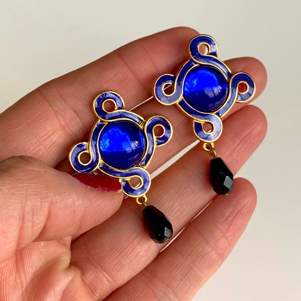 Chico’s Blue Enamel & Glass Cabochon Drop Earrings Gold Tone